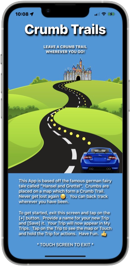 CrumbTrails app screen showing a mapped trail